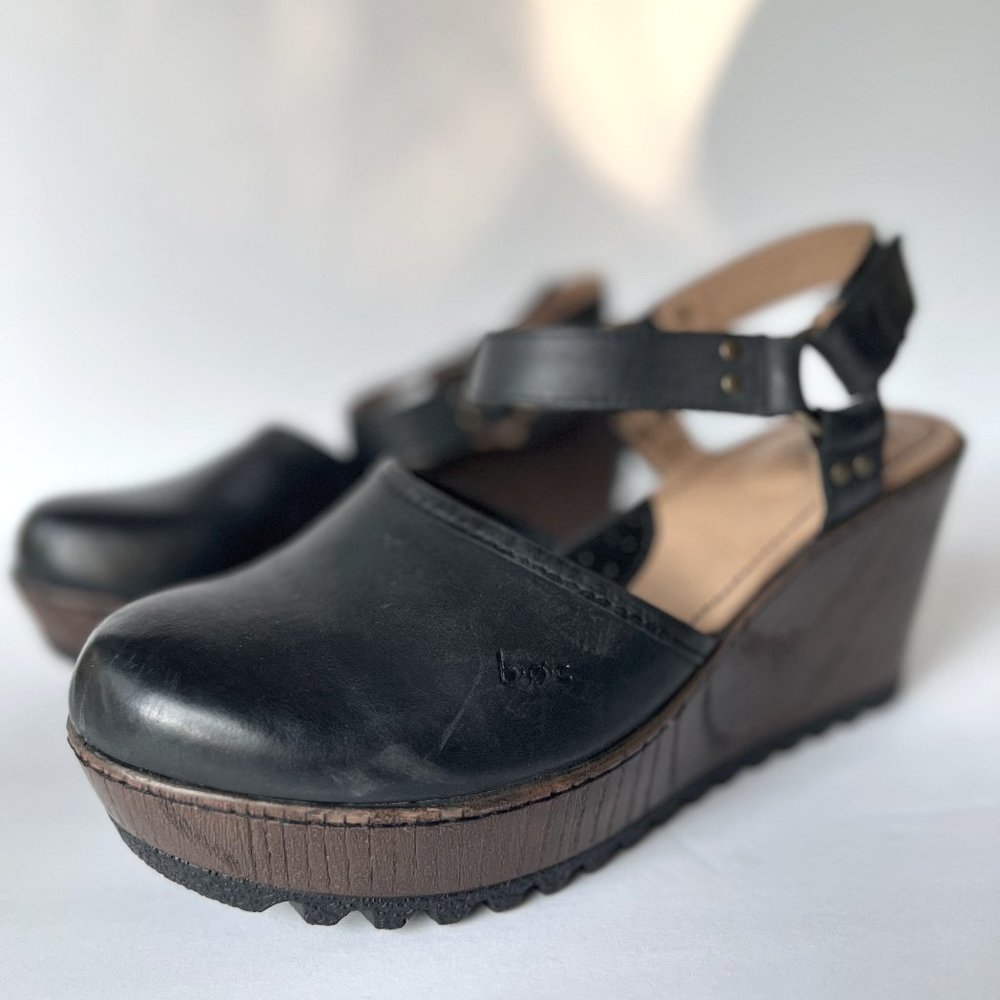 Born BOC Leather Clogs Womens 6 M Black Round Toe Slingback Rina Wedge